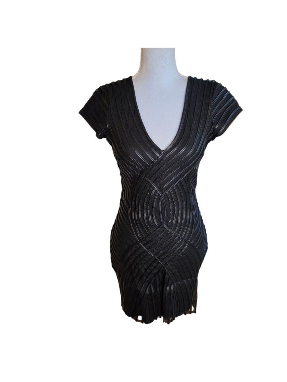 Parker NY Black Bodycon Mini Dress Deep V Open Back Cap Sleeve Going Out Sz S
